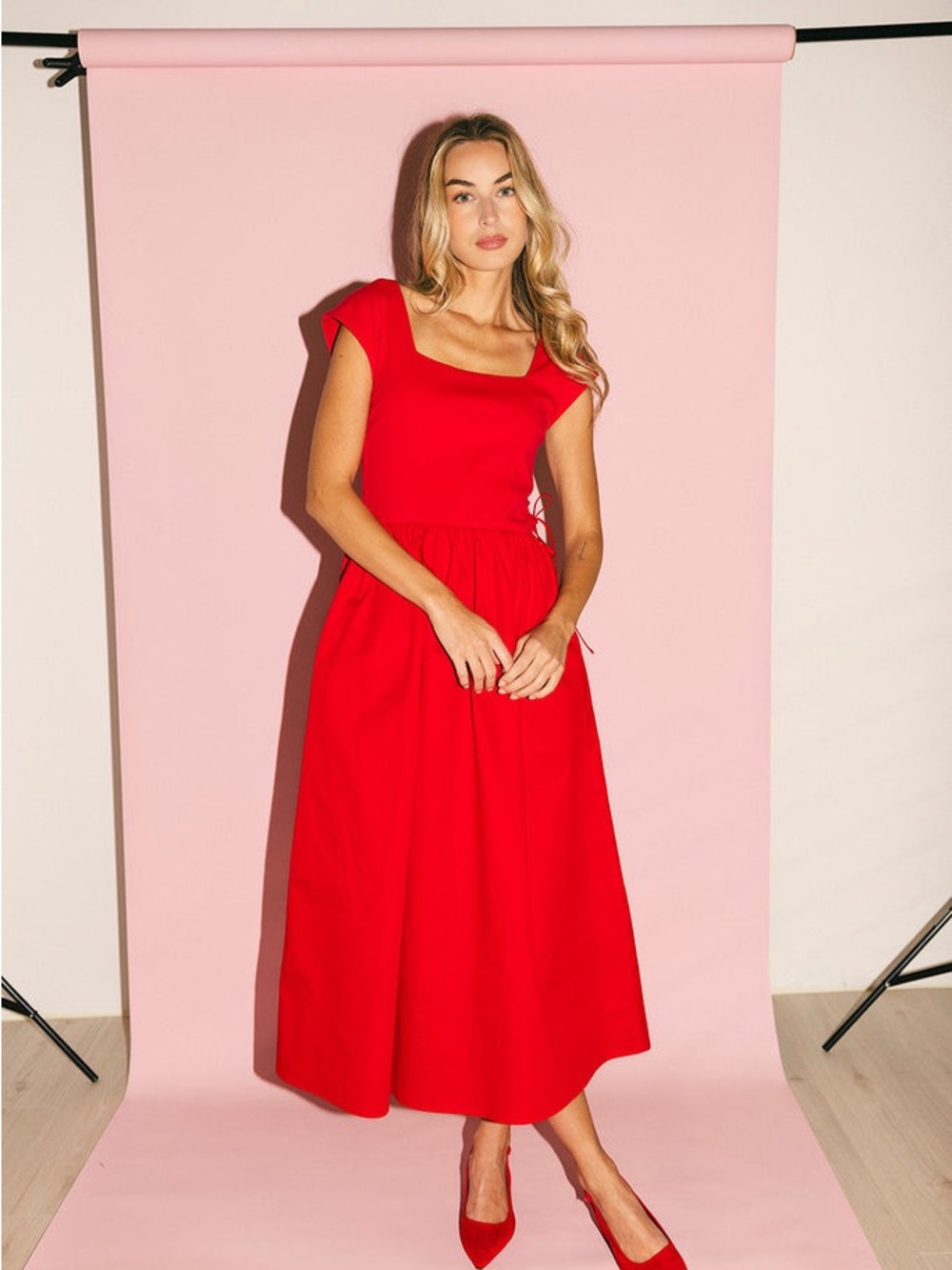 ZOCO Afterglow Midi Dress Red Size Small Square Neck Side Tie A-Line NWT